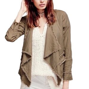 FREE People Olive Linen Blend Raw Finish Waterfall Jacket Size XS